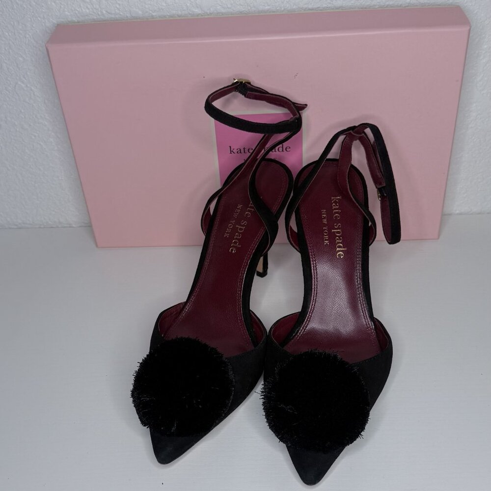 ate Spade Amour Pom Pumps Pointed Toe Heels Black Leather - Picture 4 of 5